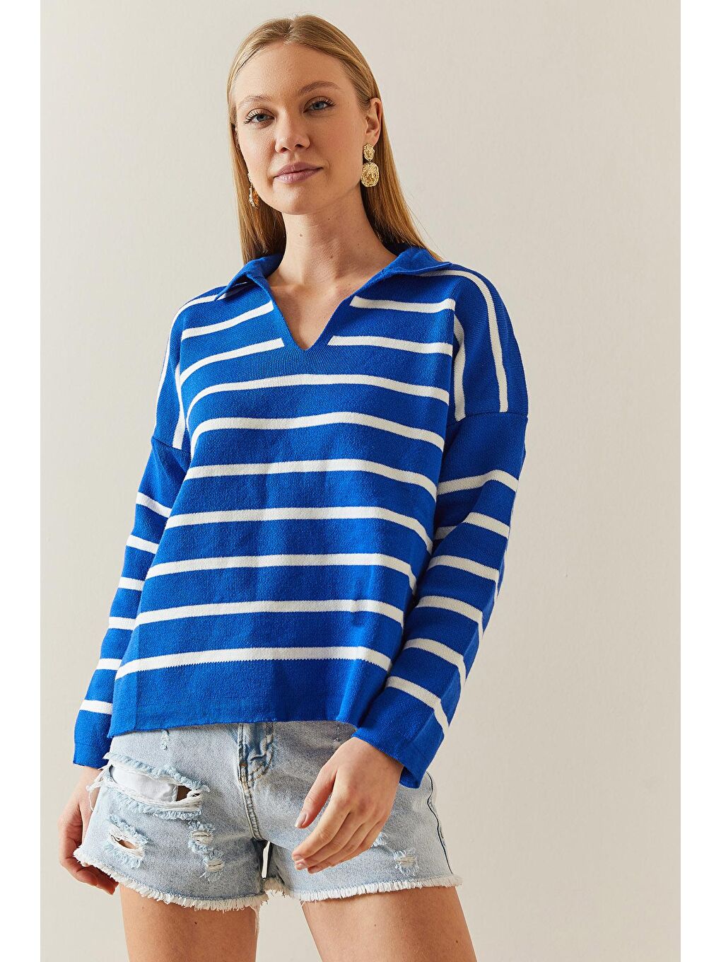 Mavi Saks Polo Yaka Çizgili Oversize Kazak 4KXK3-47818-15-1