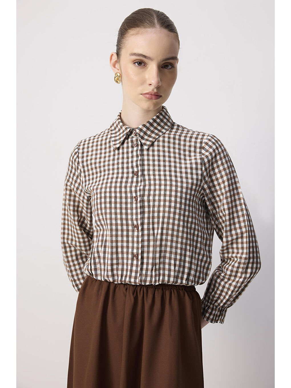 Kahverengi Ekoseli Gömlek Etek Takım-1