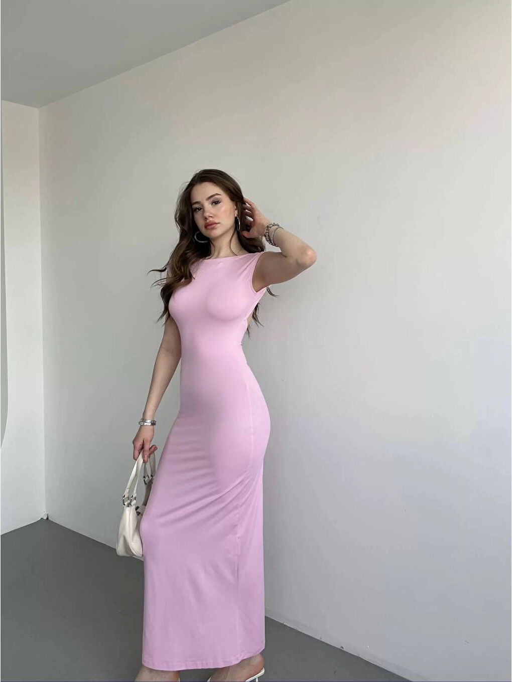 Kadın Pembe Sırt Dekolteli Yumuşak Dokulu Elbise HZL25S-ZK13321-2