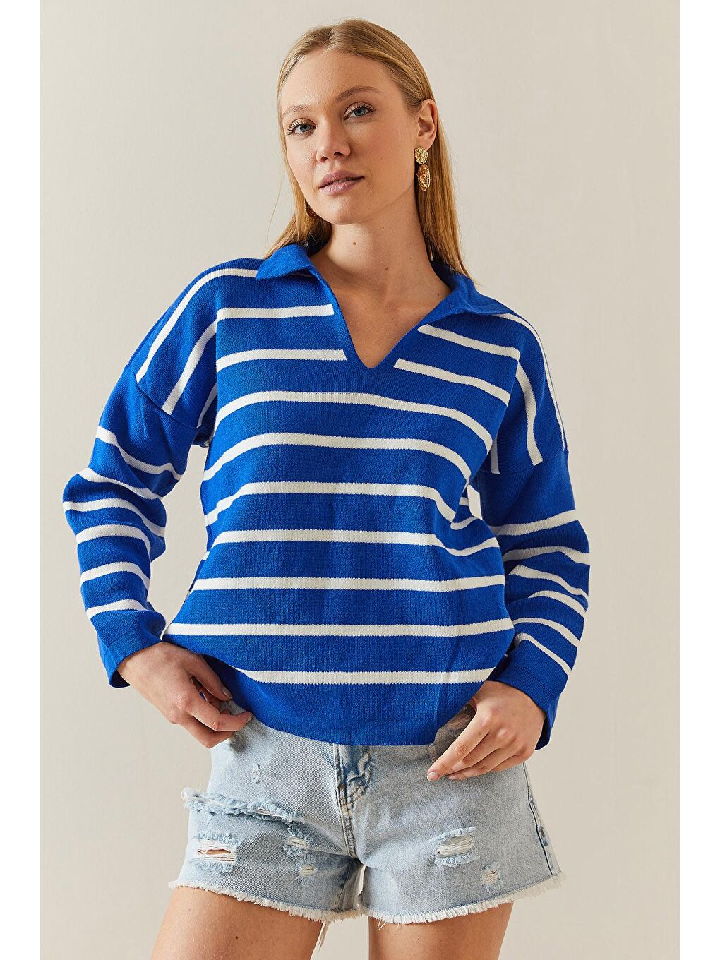 Mavi Saks Polo Yaka Çizgili Oversize Kazak 4KXK3-47818-15-2