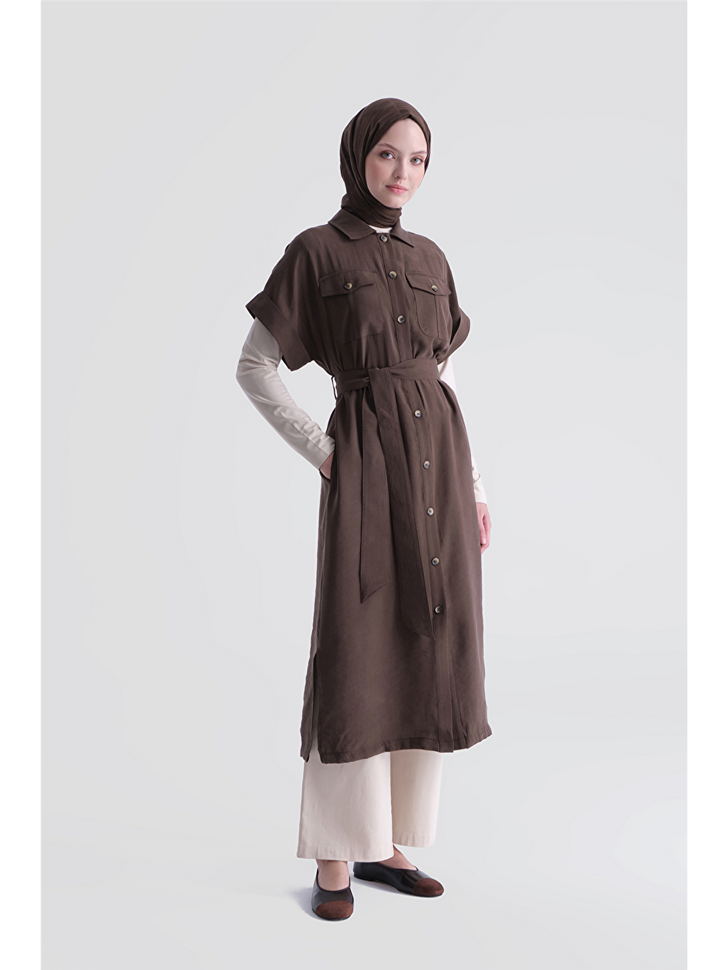 Kemerli Tunik Elbise Kahverengi-1