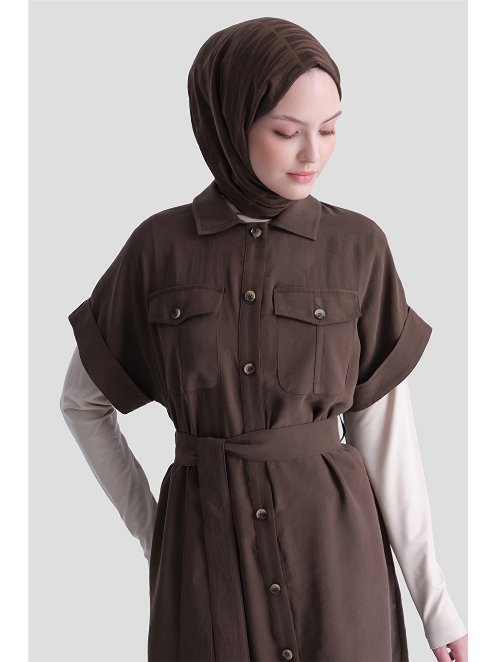 Kemerli Tunik Elbise Kahverengi-2