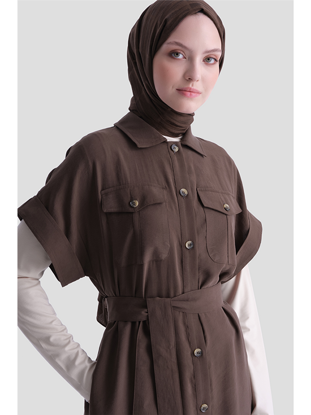 Kemerli Tunik Elbise Kahverengi-3