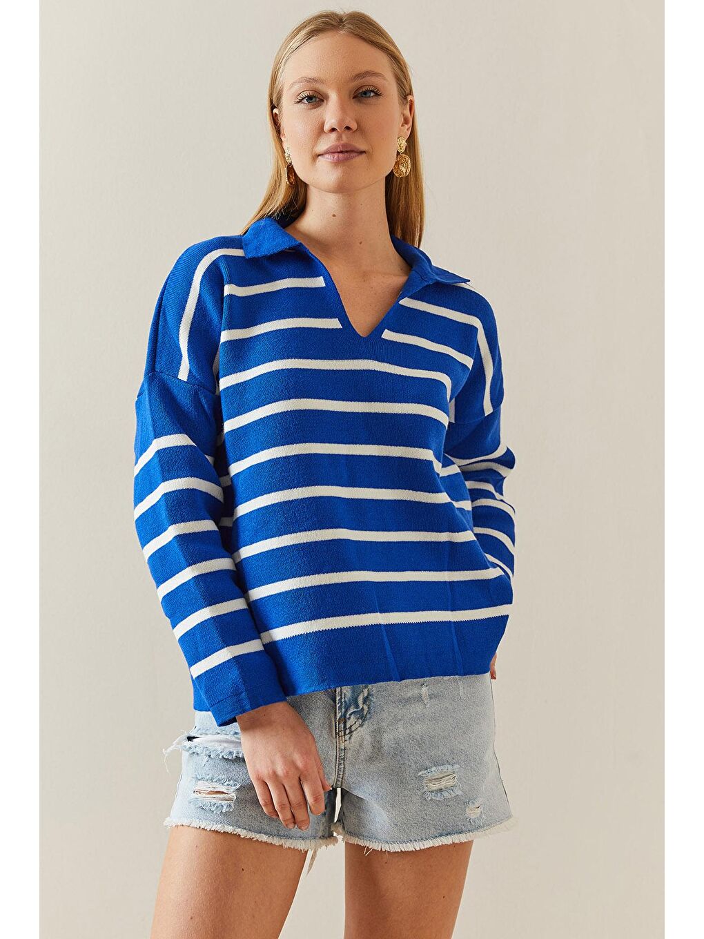 Mavi Saks Polo Yaka Çizgili Oversize Kazak 4KXK3-47818-15-3