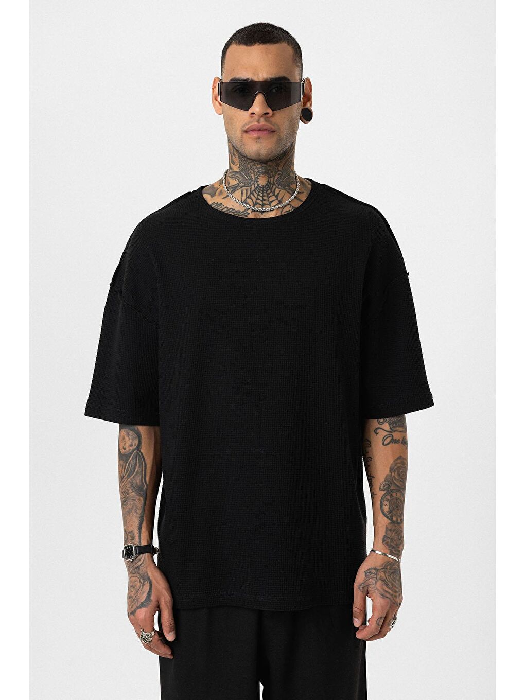 Arka Yazı Baskılı Oversize Triko Tişört Siyah-2