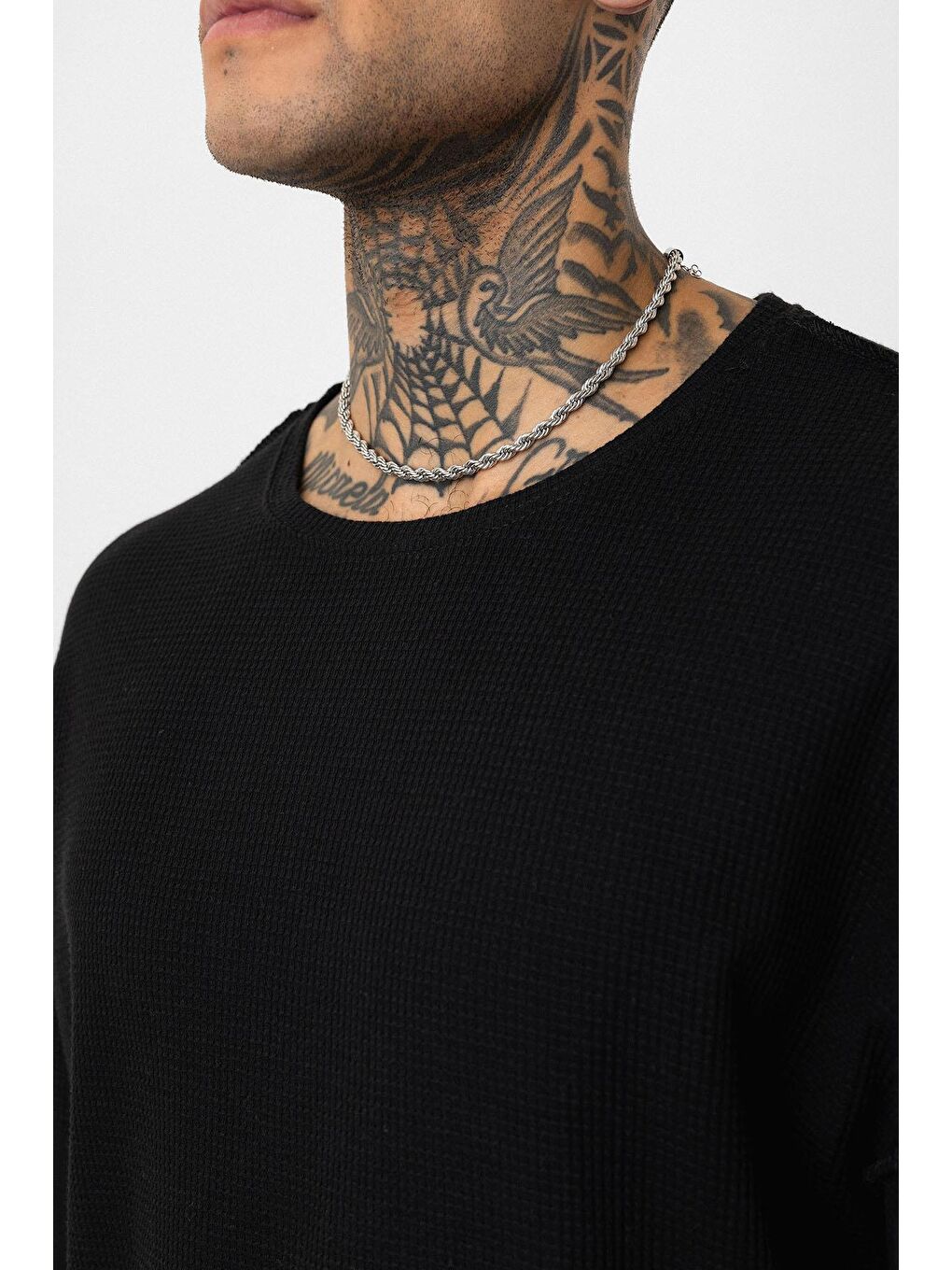 Arka Yazı Baskılı Oversize Triko Tişört Siyah-4