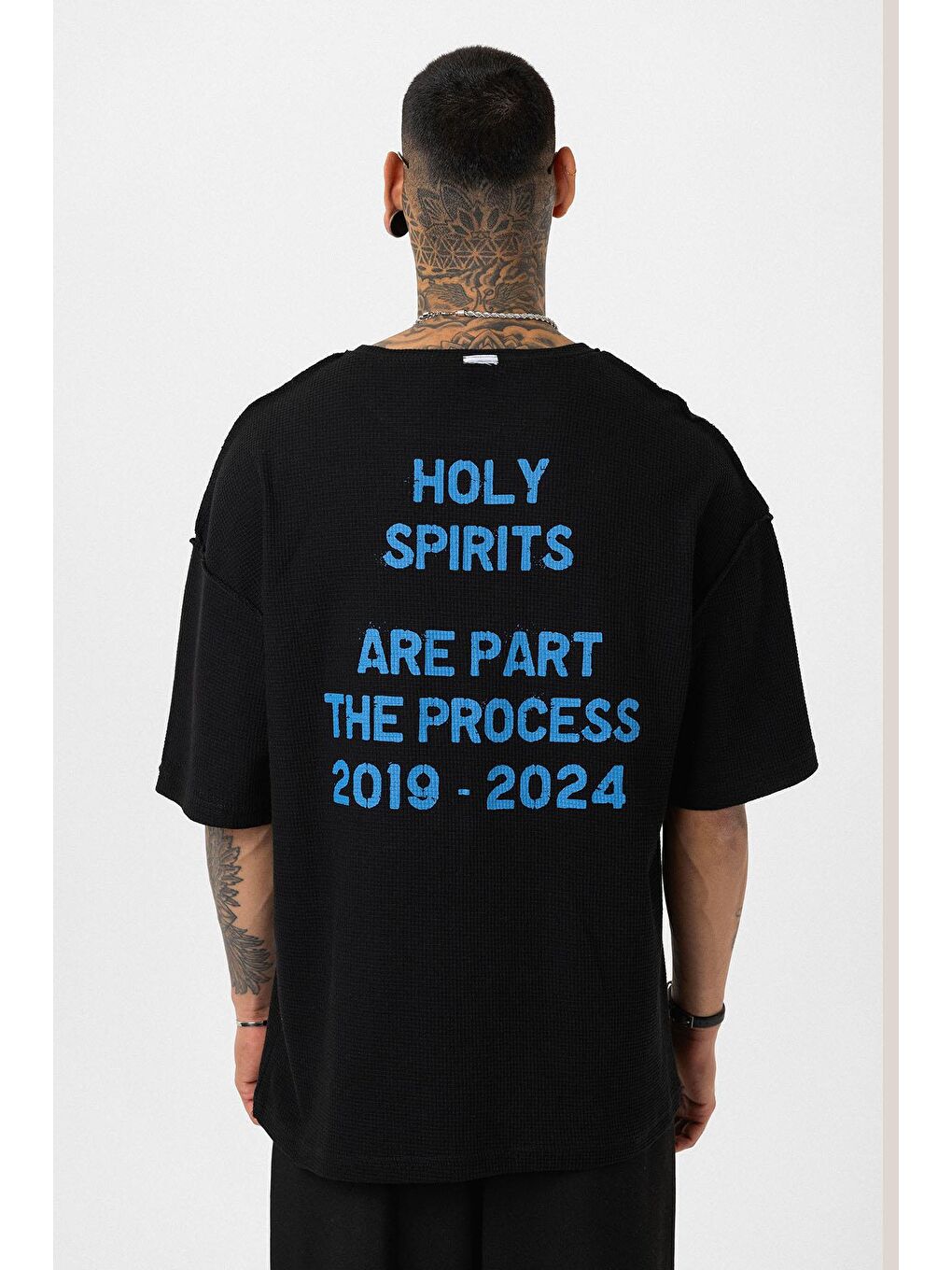 Arka Yazı Baskılı Oversize Triko Tişört Siyah-5