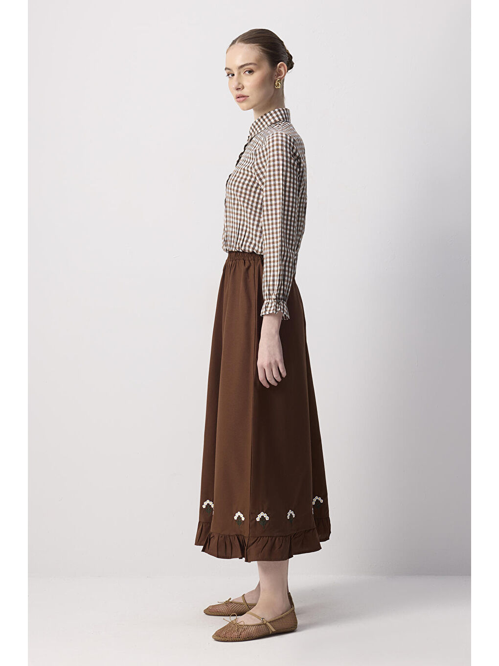 Kahverengi Ekoseli Gömlek Etek Takım-2