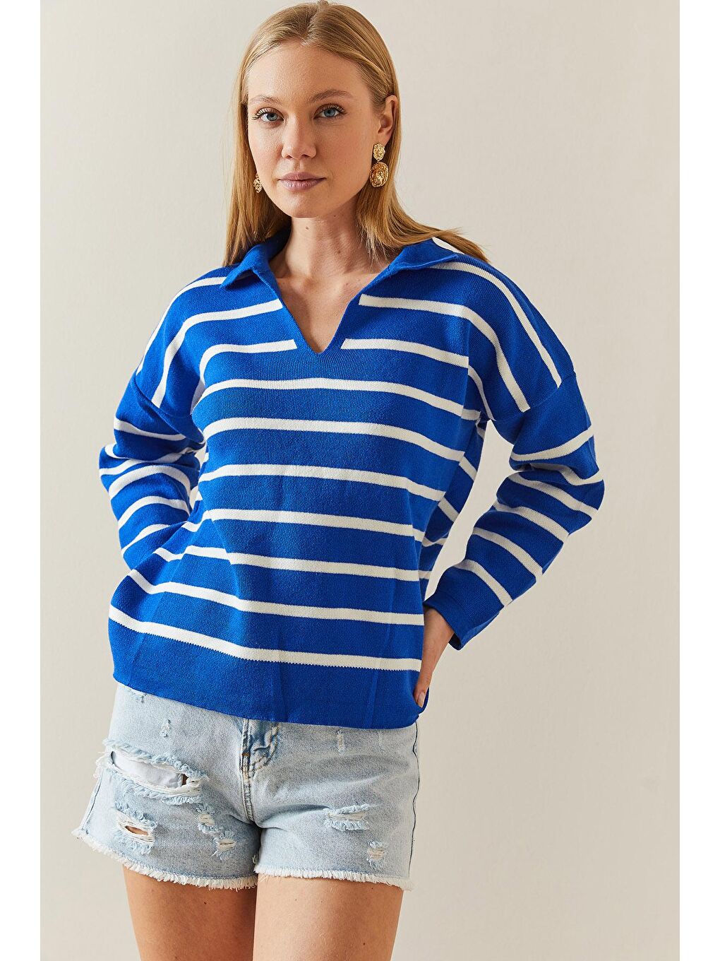 Mavi Saks Polo Yaka Çizgili Oversize Kazak 4KXK3-47818-15-4