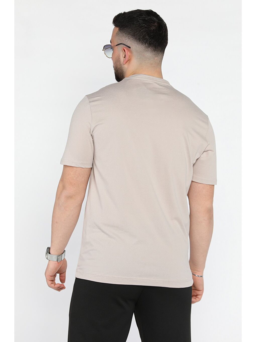 Bej Bisiklet Yaka Baskılı Erkek Tişört-2