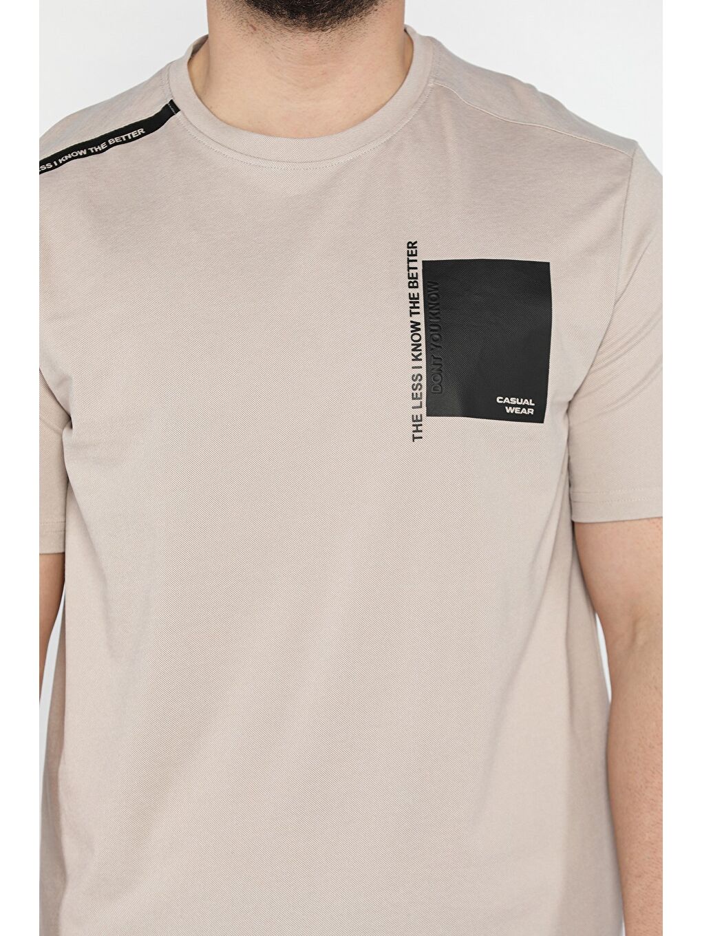 Bej Bisiklet Yaka Baskılı Erkek Tişört-3