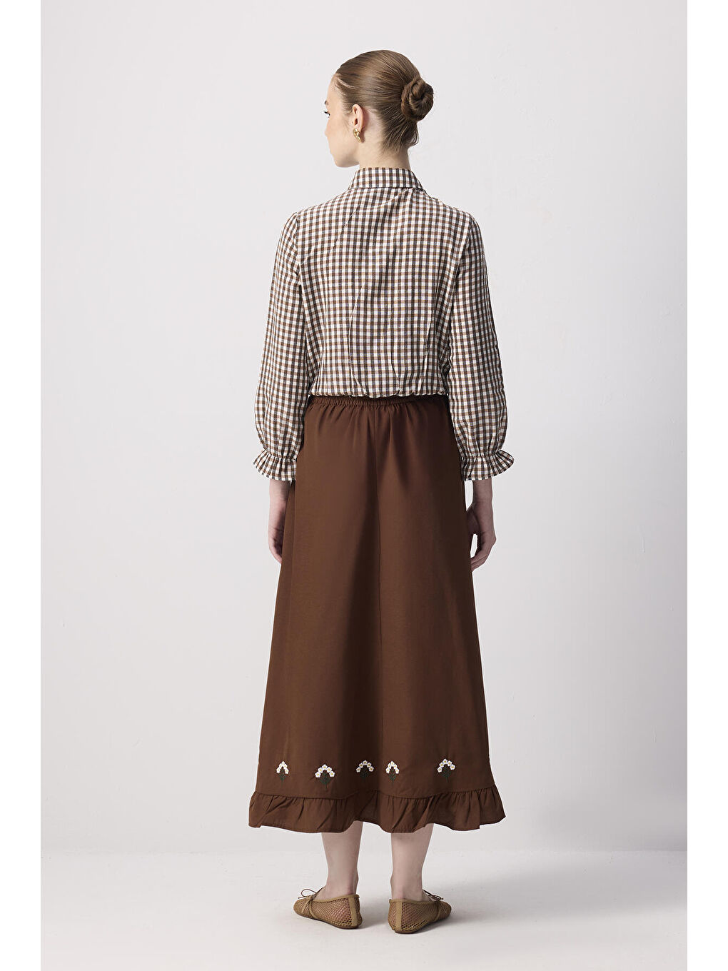 Kahverengi Ekoseli Gömlek Etek Takım-3