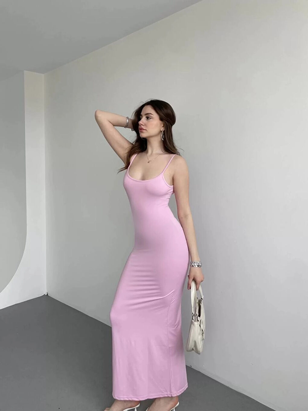 Kadın Pembe Sırtı Açık Yumuşak Dokulu Elbise HZL25S-ZK13281-3