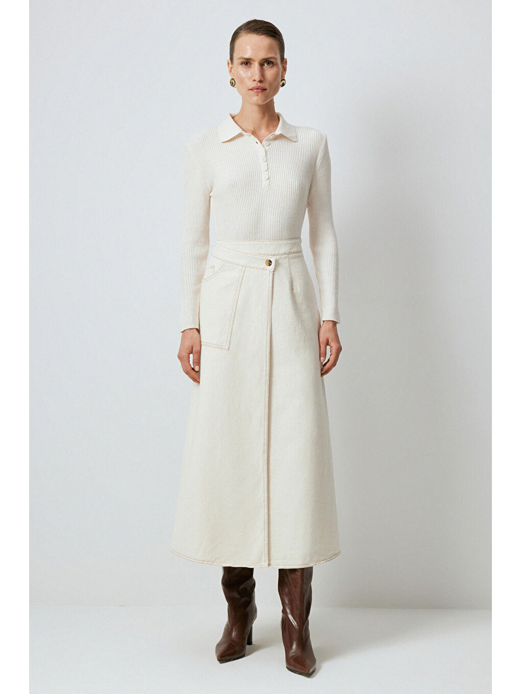 Ekru Kruvaze Naturel Denım Etek