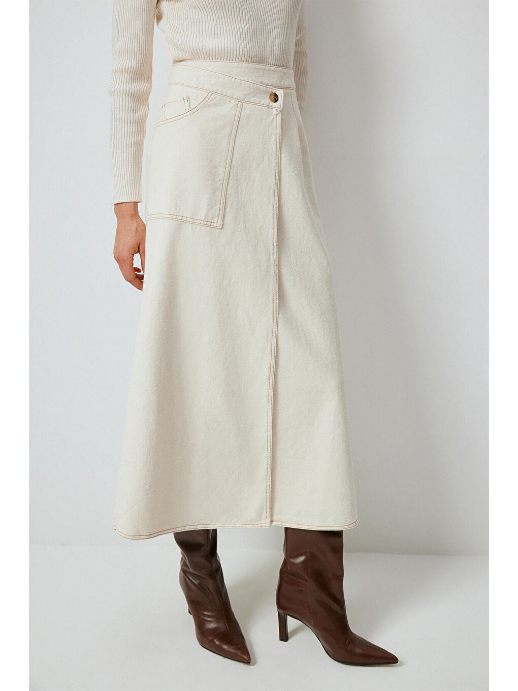 Ekru Kruvaze Naturel Denım Etek-1