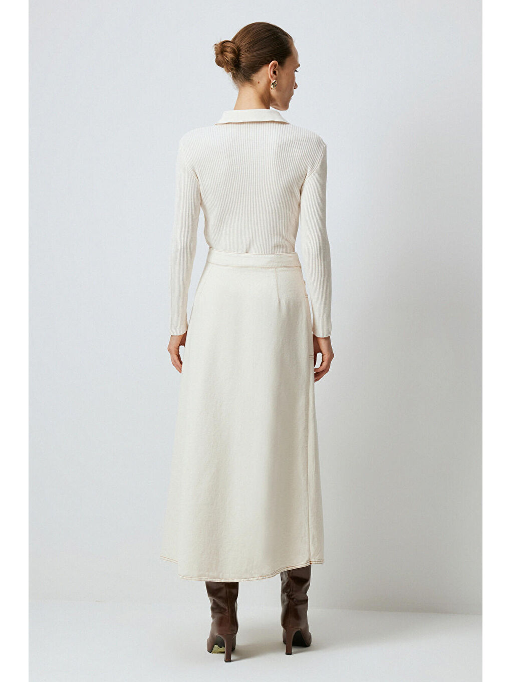 Ekru Kruvaze Naturel Denım Etek-2