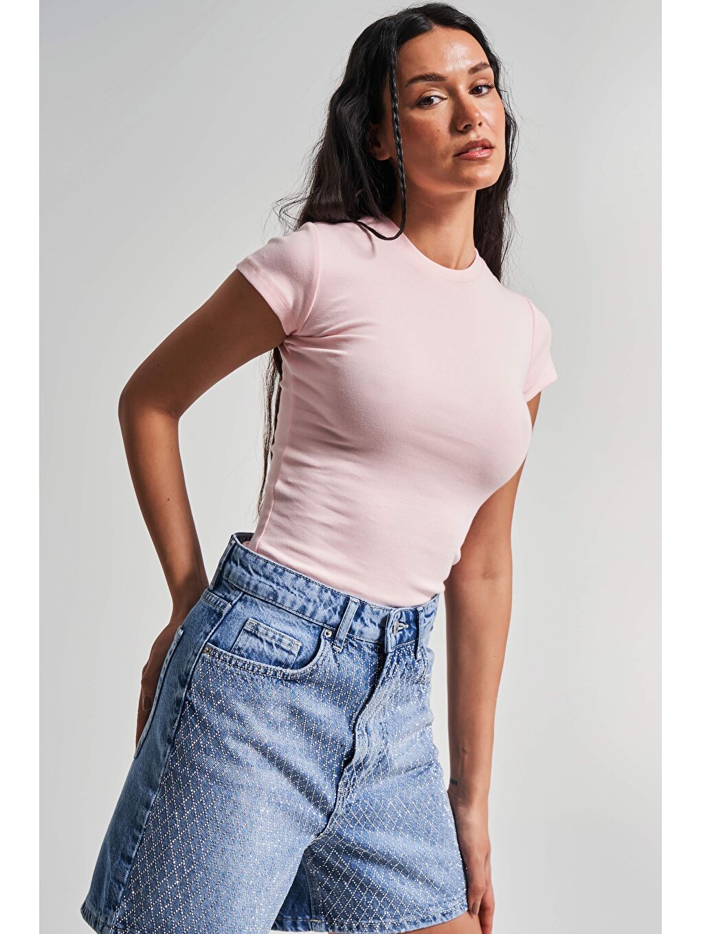 Kadın Pembe Renk s5-20 Süper Esnek Kumaş %100 Pamuk Bisiklet Yaka Basic Body-2