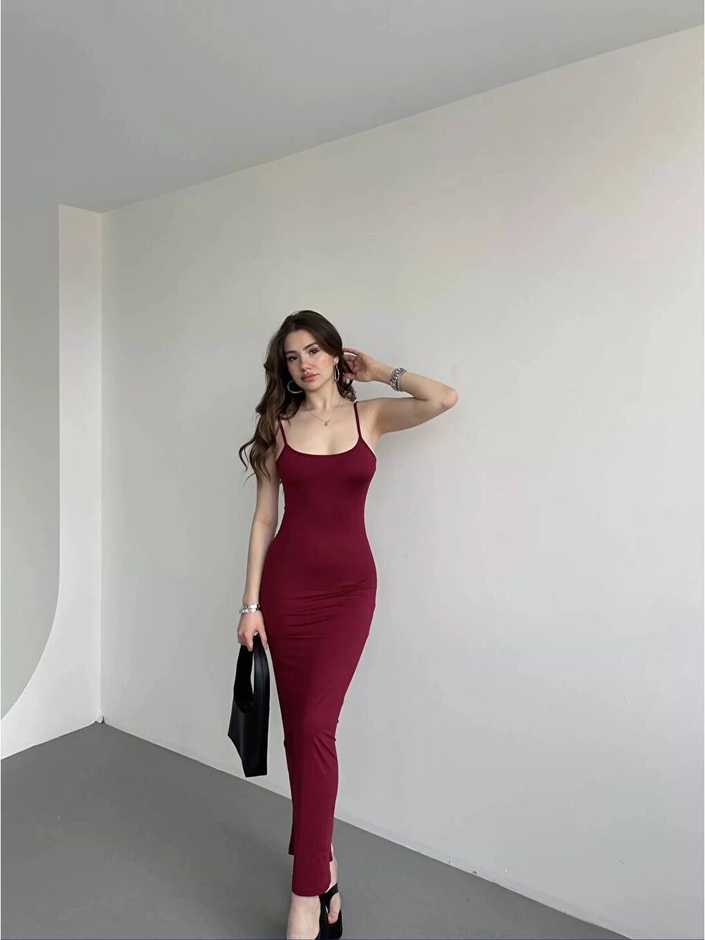 Kadın Bordo Sırtı Açık Yumuşak Dokulu Elbise HZL25S-ZK13281-3