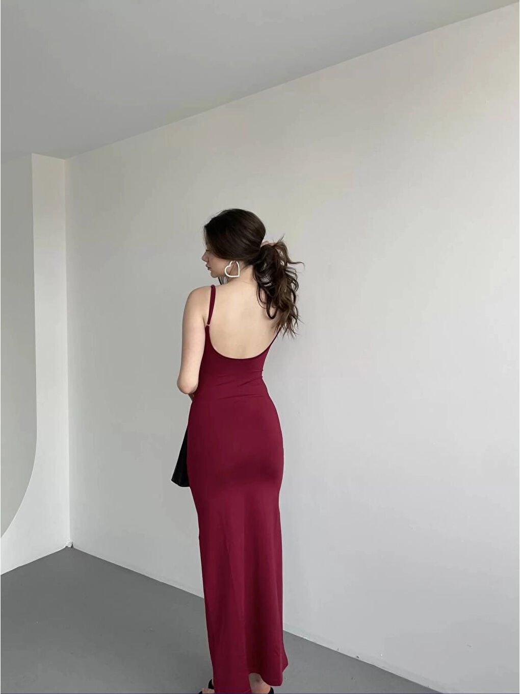 Kadın Bordo Sırtı Açık Yumuşak Dokulu Elbise HZL25S-ZK13281-4