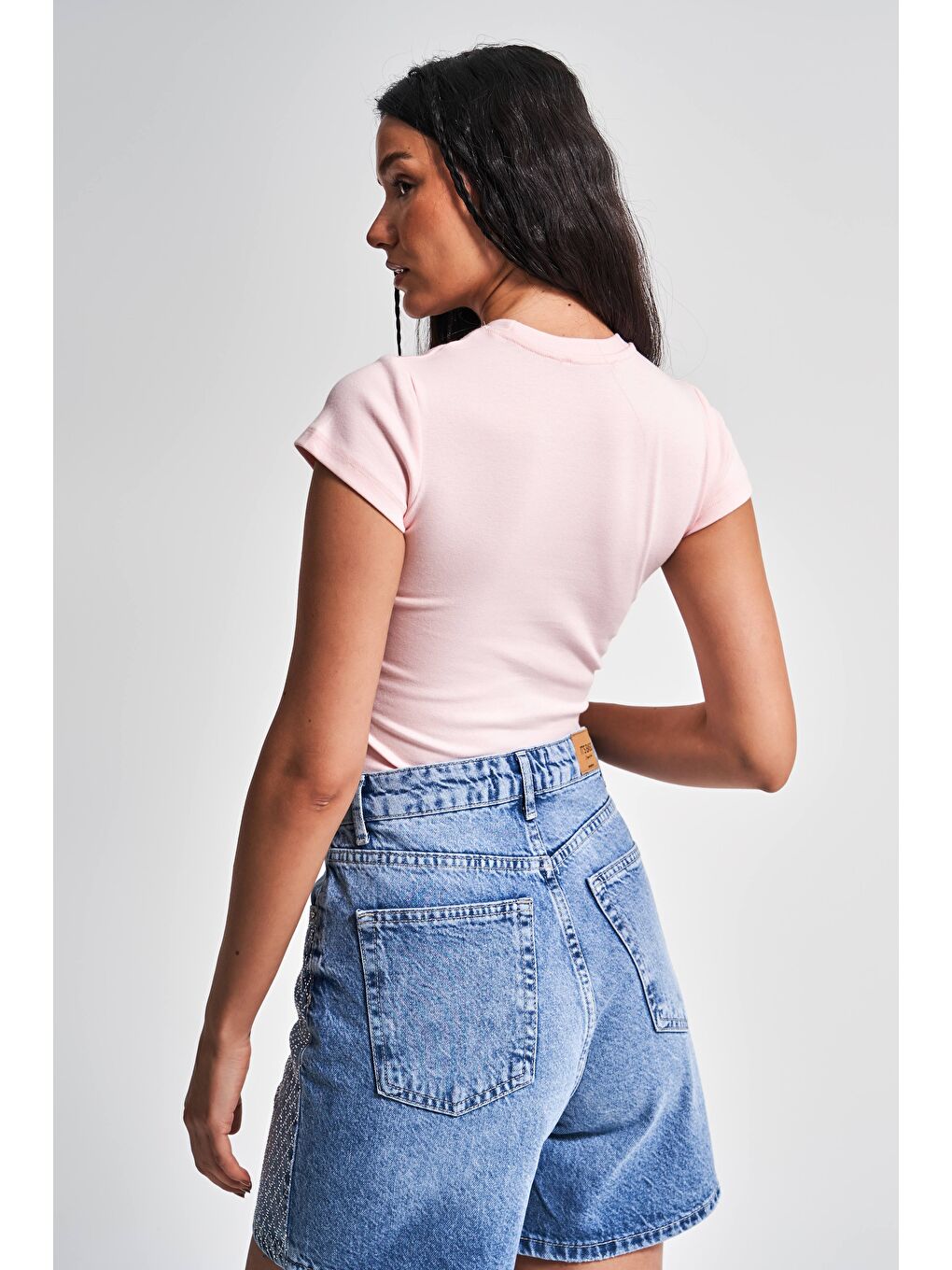 Kadın Pembe Renk s5-20 Süper Esnek Kumaş %100 Pamuk Bisiklet Yaka Basic Body-3