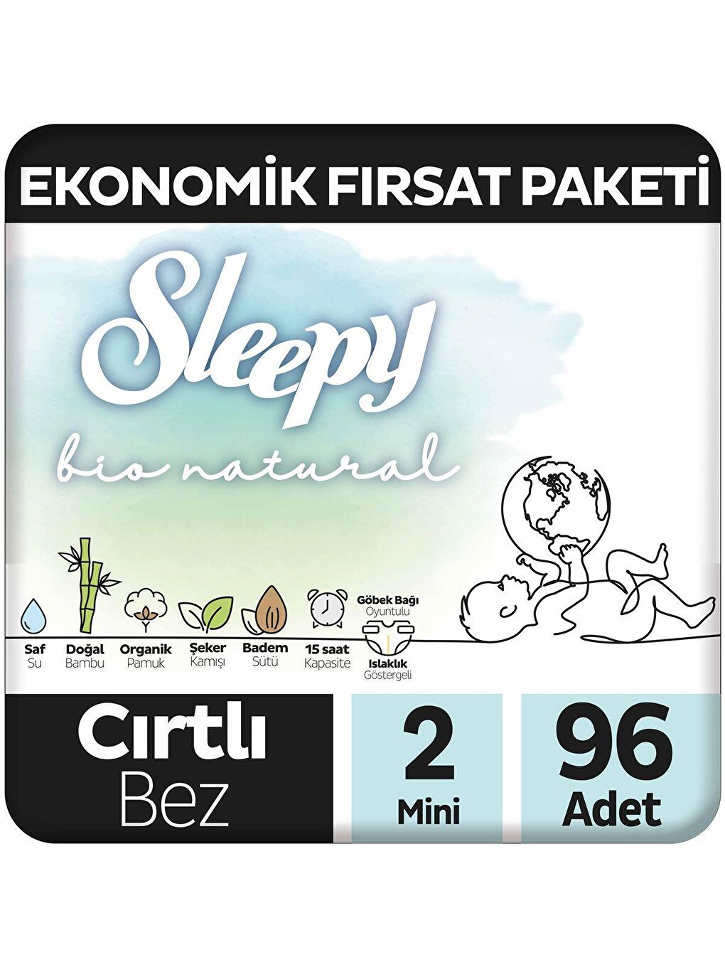 Sleepy Beyaz Bio Natural Ekonomik Fırsat Paketi Bebek Bezi 2 Numara Mini 96 Adet