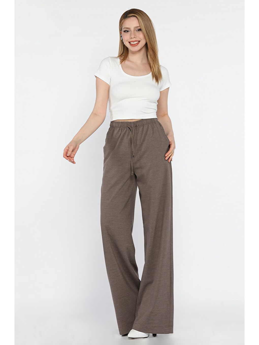 Bej Bel Lastikli Bağcıklı Bol Paça Kadın Pantolon-1