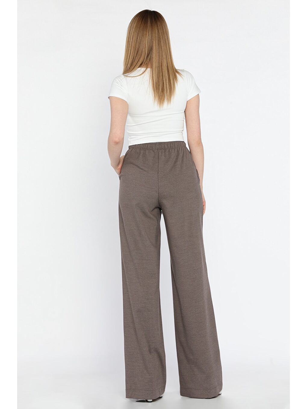 Bej Bel Lastikli Bağcıklı Bol Paça Kadın Pantolon-2