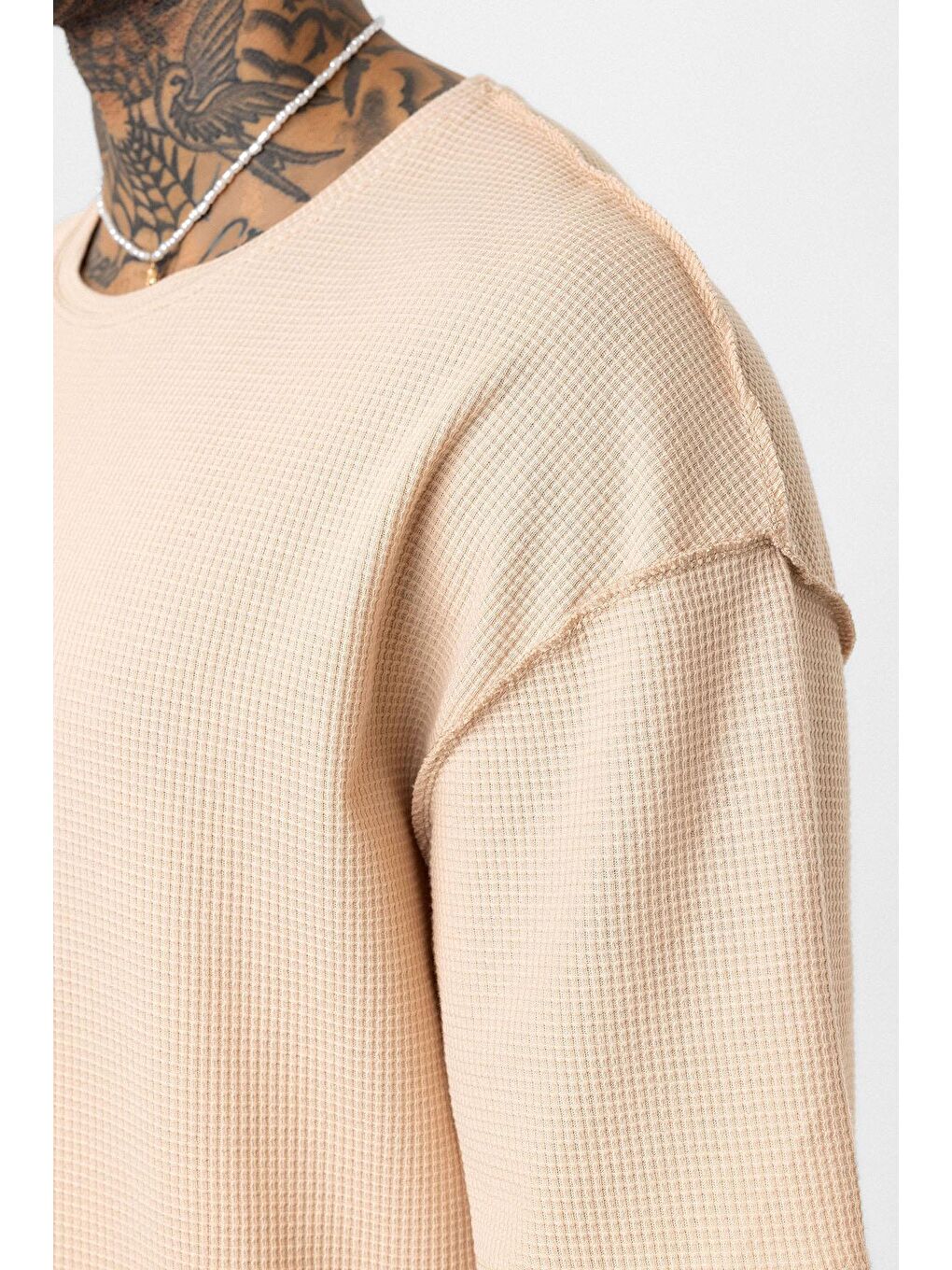 Arka Yazı Baskılı Oversize Triko Tişört Bej-5