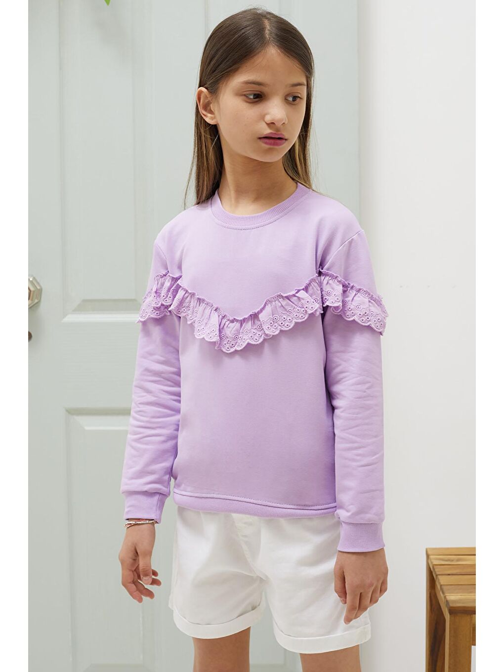 Pembe Life Kids Club Lila Dantel Detaylı Bisiklet Yaka Kız Çocuk Sweatshirt 18548