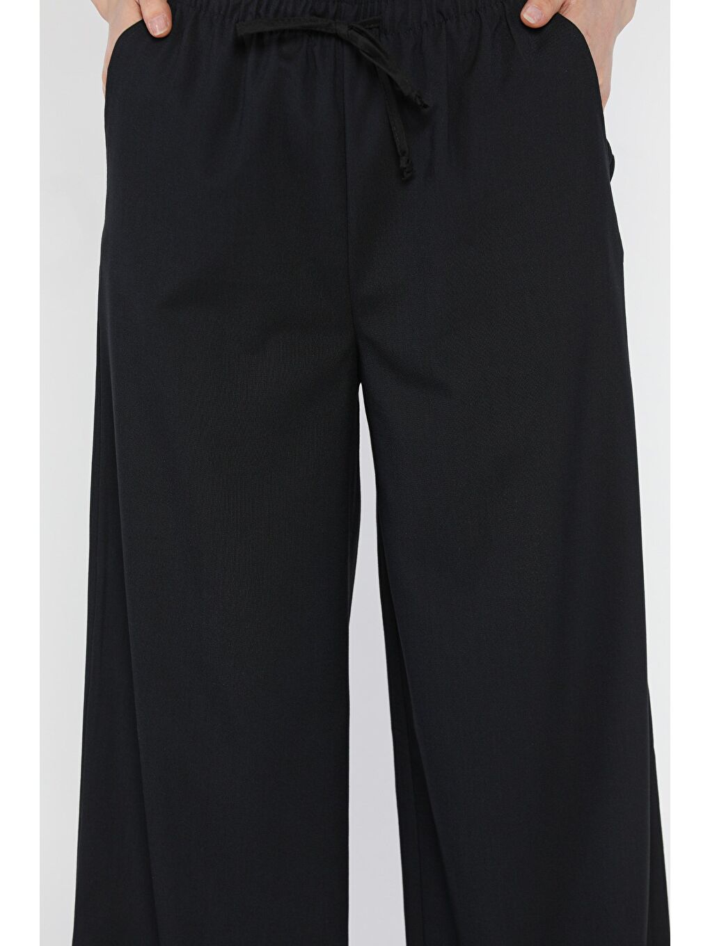 Lacivert Bel Lastikli Bağcıklı Bol Paça Kadın Pantolon-2