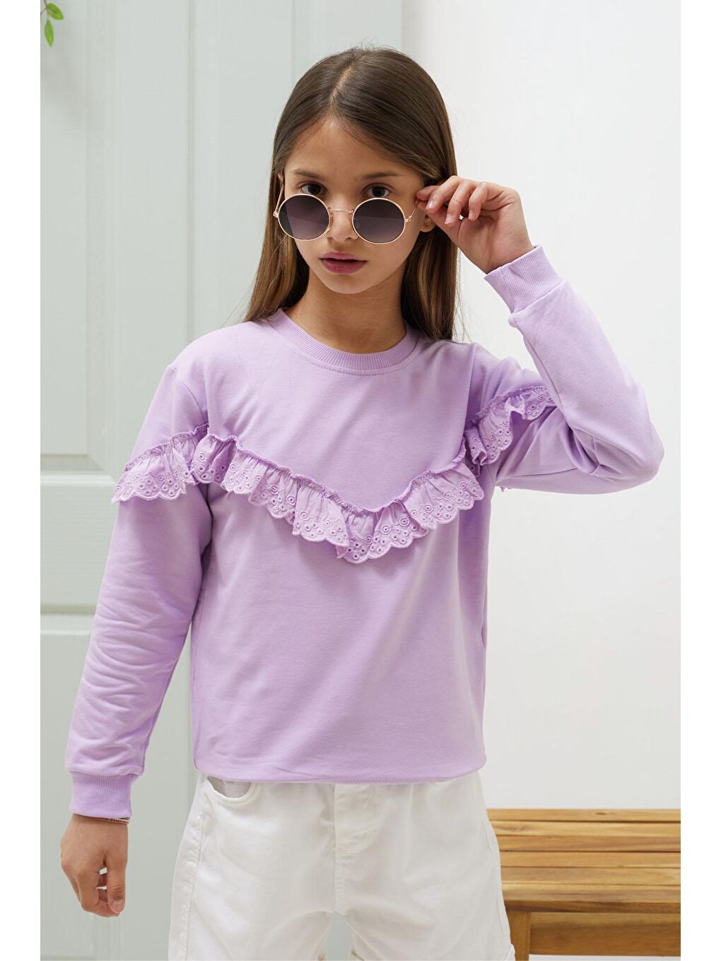 Pembe Life Kids Club Lila Dantel Detaylı Bisiklet Yaka Kız Çocuk Sweatshirt 18548 - 1