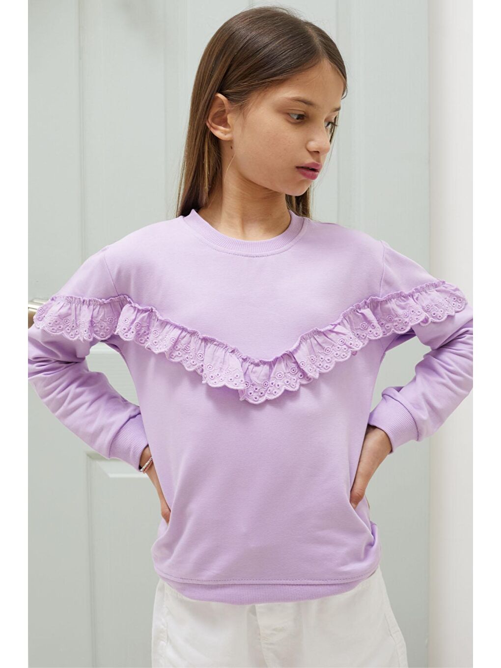 Pembe Life Kids Club Lila Dantel Detaylı Bisiklet Yaka Kız Çocuk Sweatshirt 18548 - 2