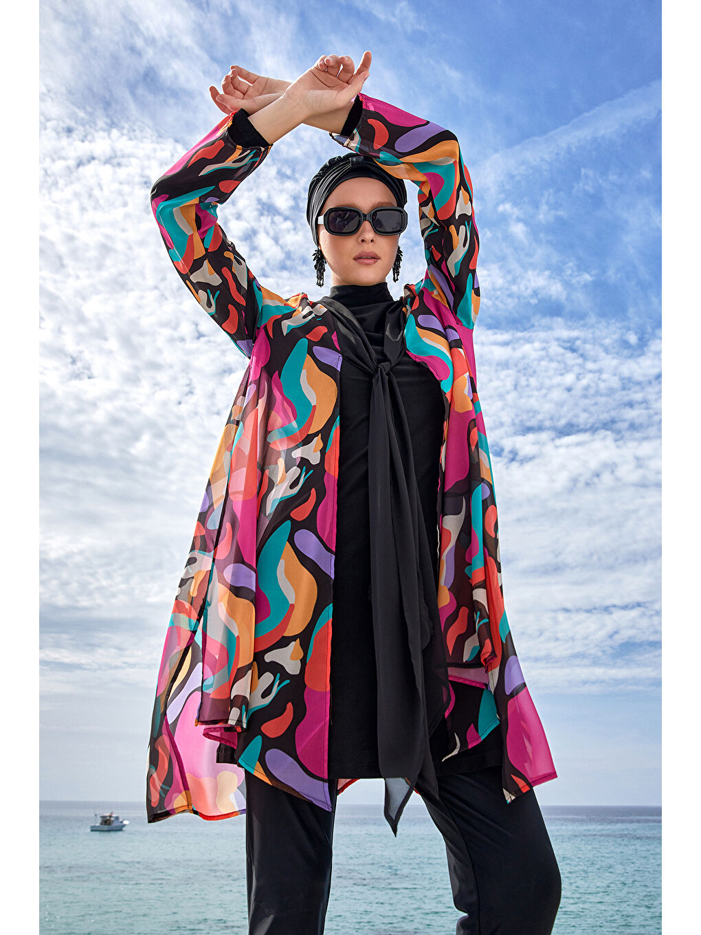 3 lü Pareolu Elastanlı Tam Kapalı Tesettür Mayo Yumı 1134 Siyah