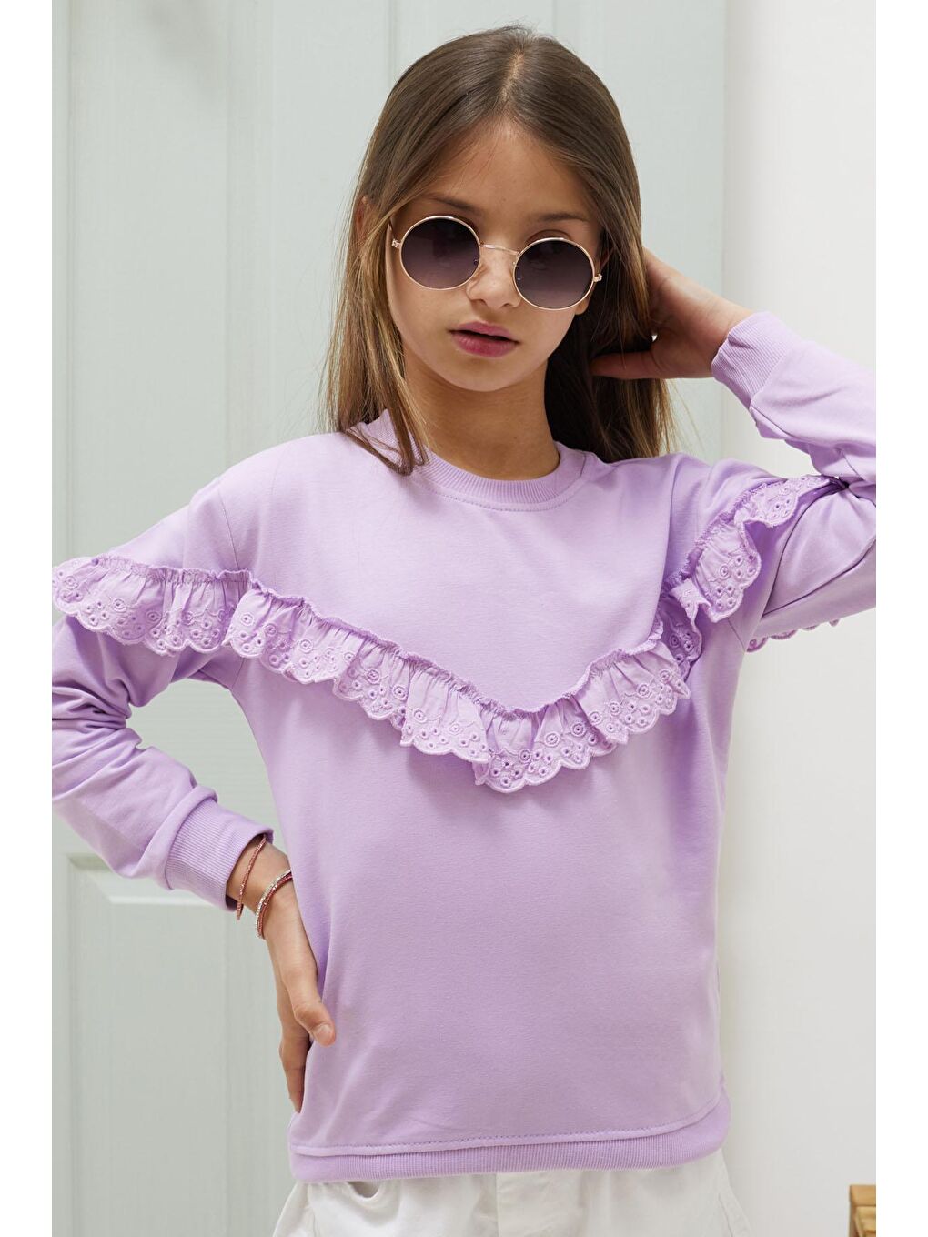 Pembe Life Kids Club Lila Dantel Detaylı Bisiklet Yaka Kız Çocuk Sweatshirt 18548 - 3