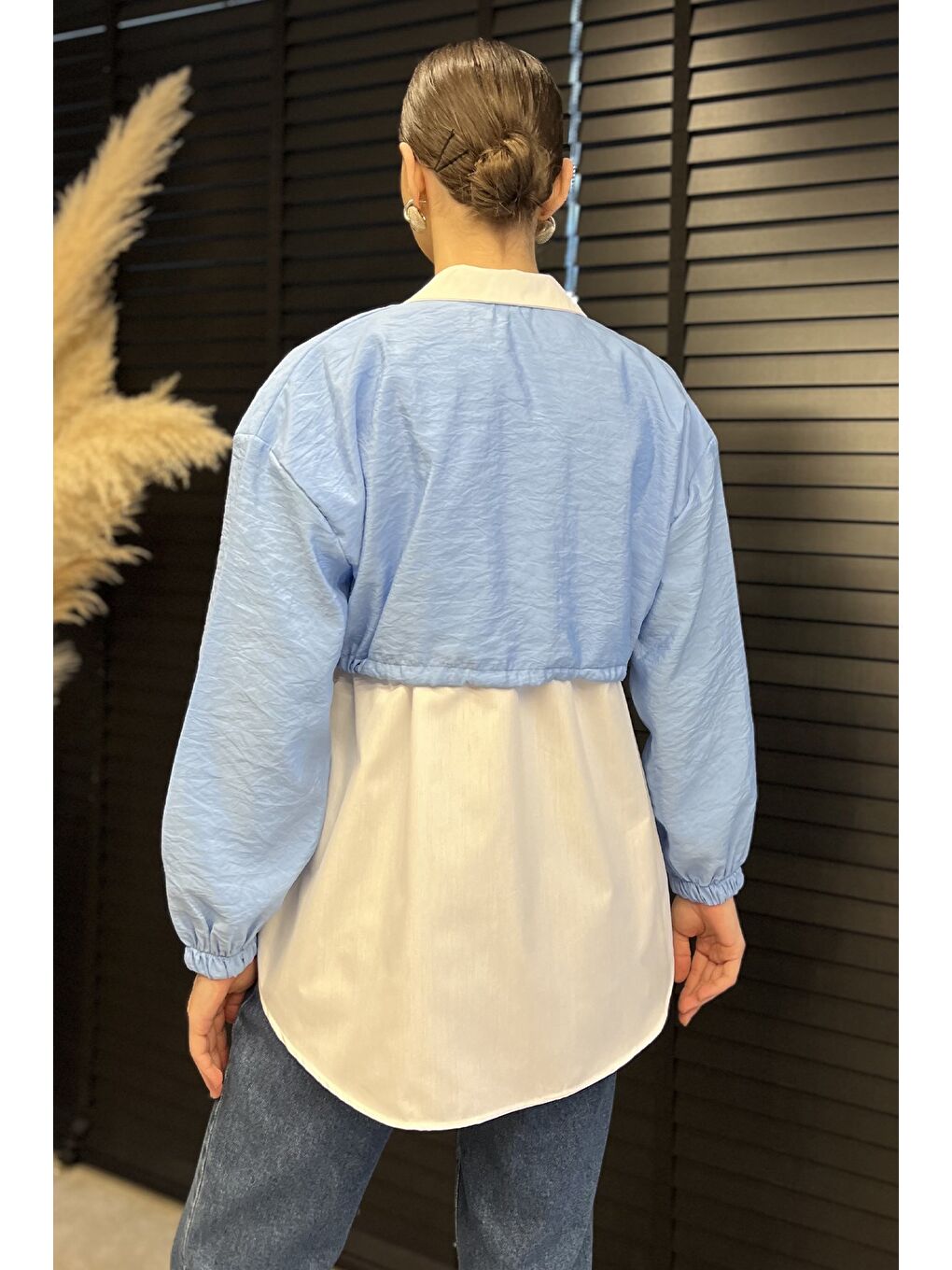 Mavi Bel Büzgülü Kadın Paraşüt Garnili Gömlek-2