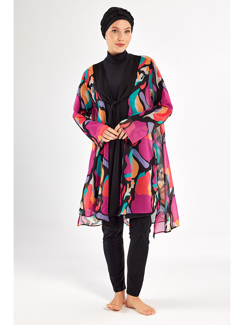 3 lü Pareolu Elastanlı Tam Kapalı Tesettür Mayo Yumı 1134 Siyah-1