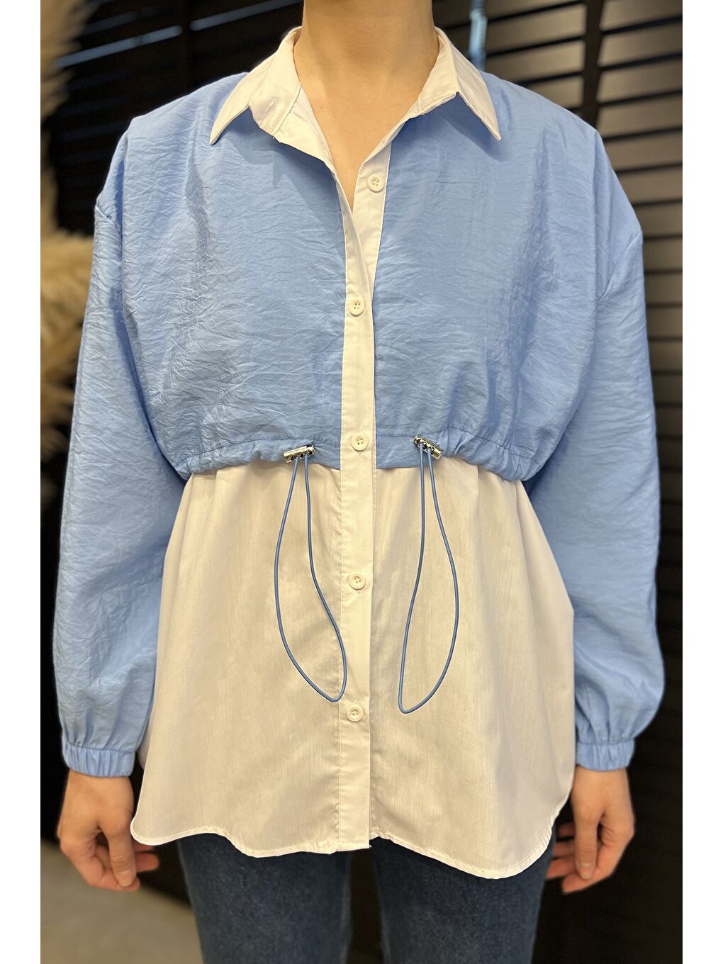 Mavi Bel Büzgülü Kadın Paraşüt Garnili Gömlek-3