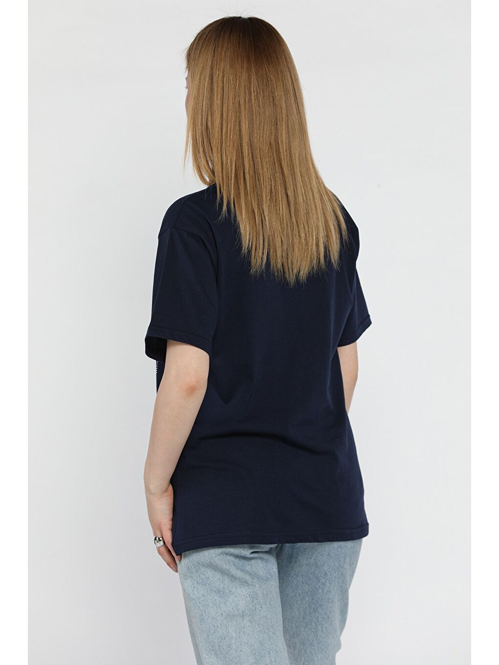 Lacivert Love Taşlı Bisiklet Yaka Kadın Tişört-2