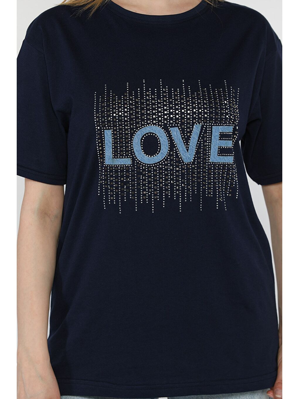 Lacivert Love Taşlı Bisiklet Yaka Kadın Tişört-3