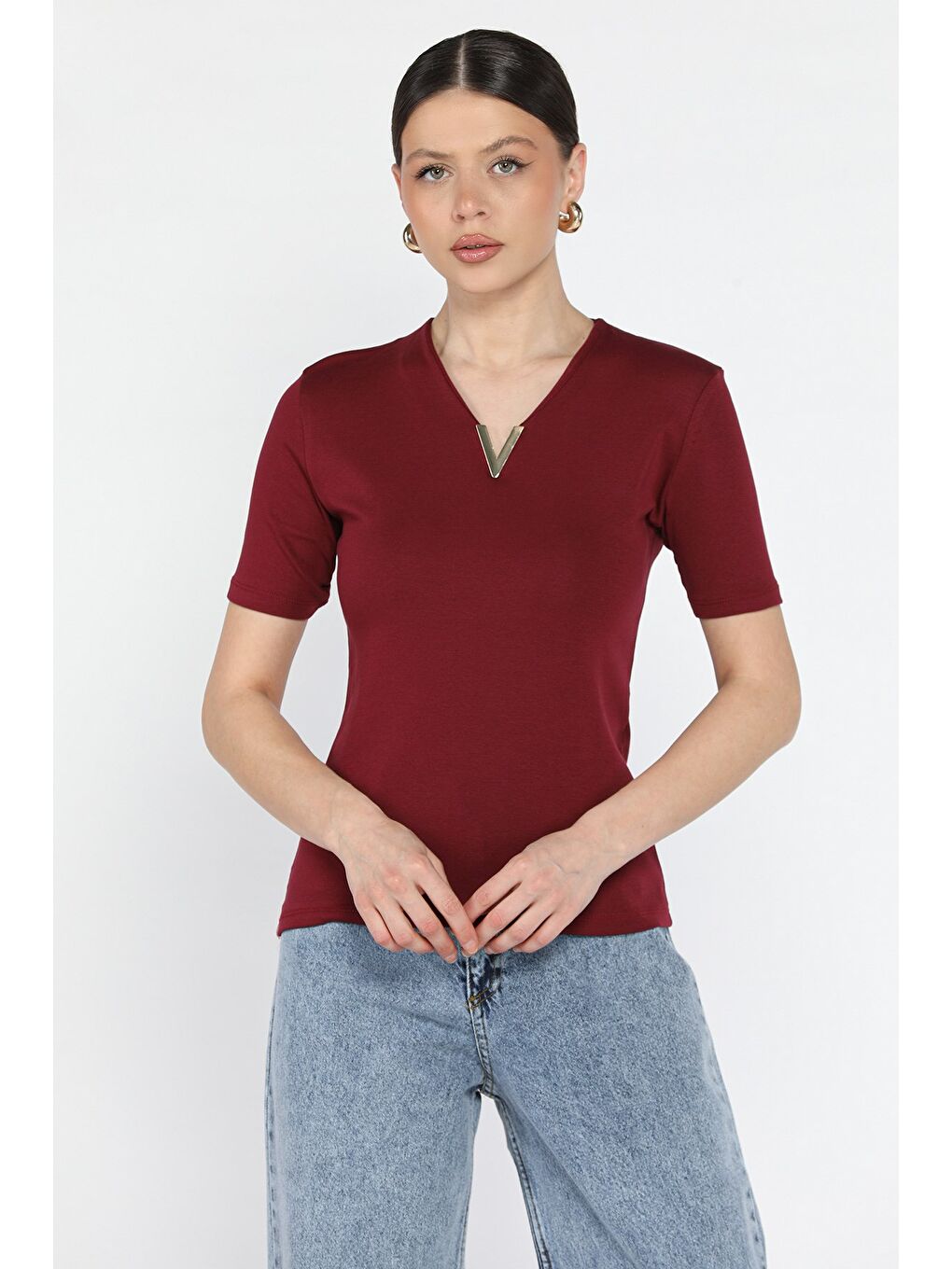 Bordo Kadın V Yaka Gold Toka Detaylı Elastanlı Bluz