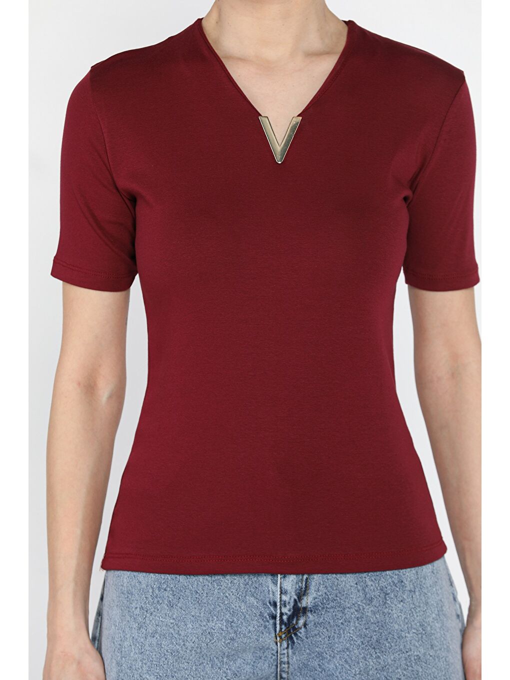 Bordo Kadın V Yaka Gold Toka Detaylı Elastanlı Bluz-2