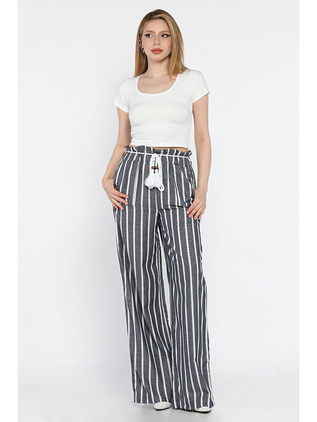 Lacivert Kadın Yüksek Bel Kuşak Detaylı Çizgi Desenli Palazzo Pantolon-1