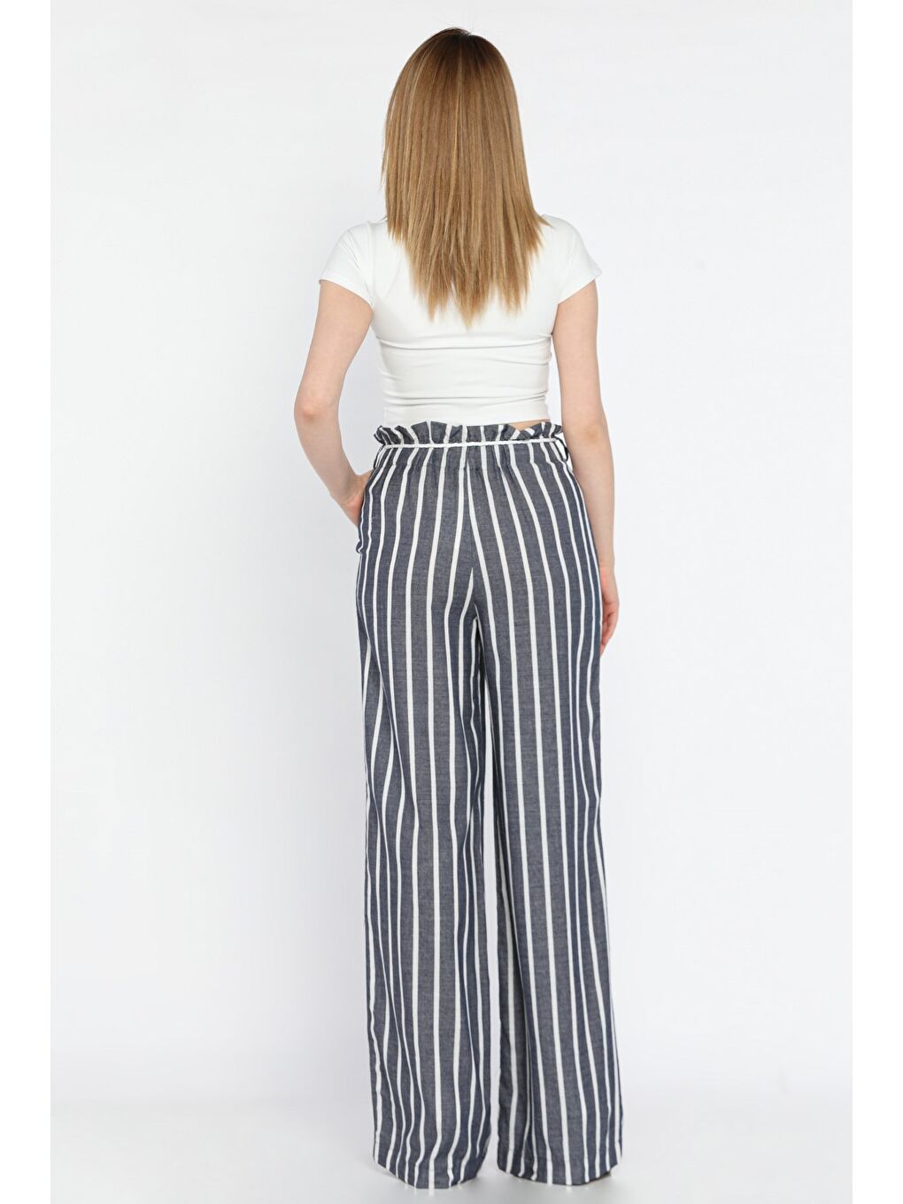Lacivert Kadın Yüksek Bel Kuşak Detaylı Çizgi Desenli Palazzo Pantolon-2