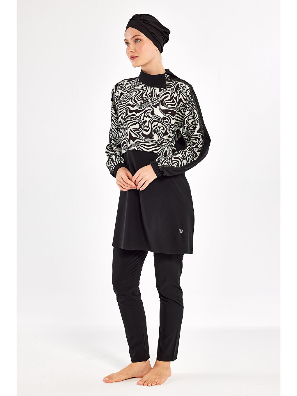 Spor Elastan Tam Kapalı Tesettür Mayo Zebrı 1224 Siyah-1