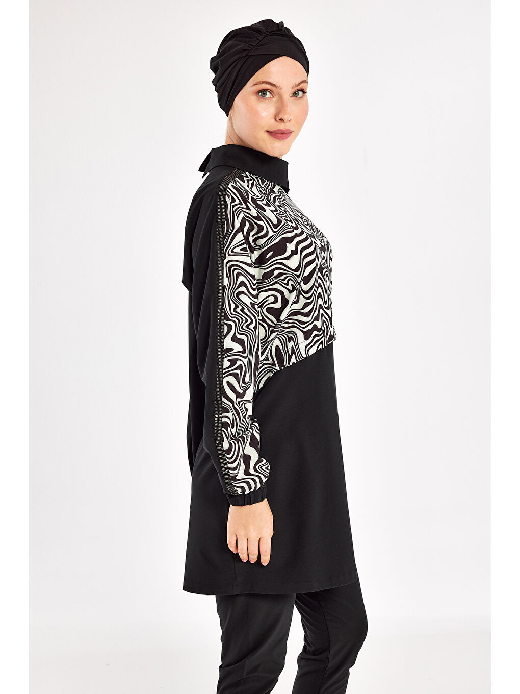 Spor Elastan Tam Kapalı Tesettür Mayo Zebrı 1224 Siyah-4