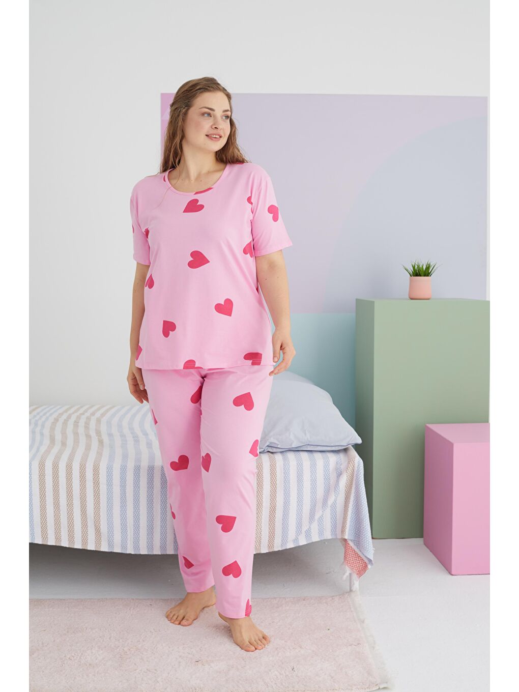 SİYAH İNCİ Pembe Curve Büyük Beden Battal Boy Pamuklu Örme Pijama Takımı