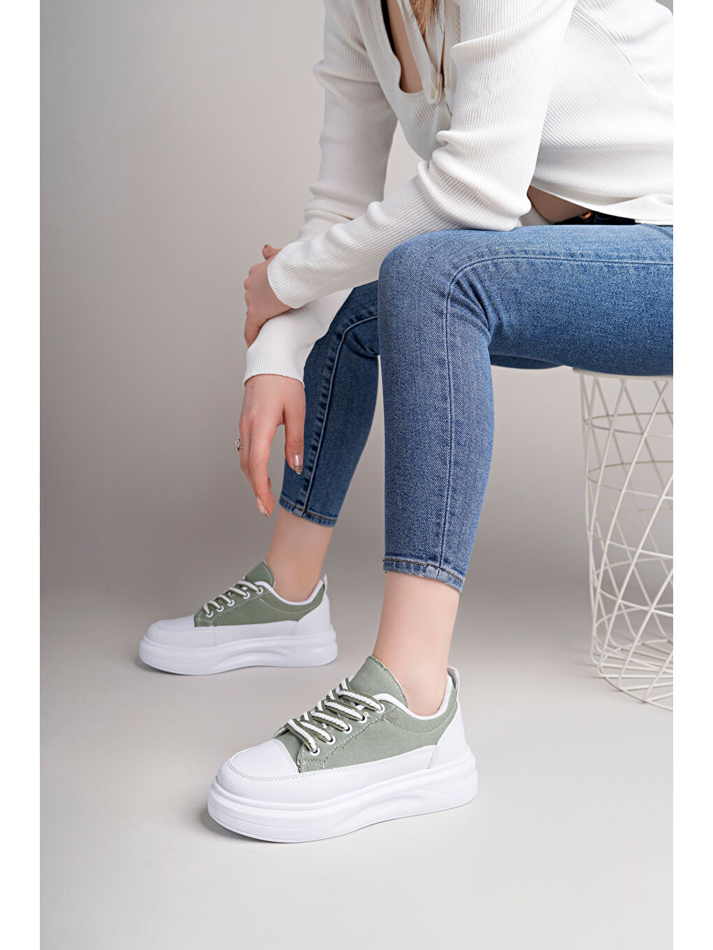 Yeşil Kadın Yüksek Taban Dama Desenli Günlük Ayakkabı