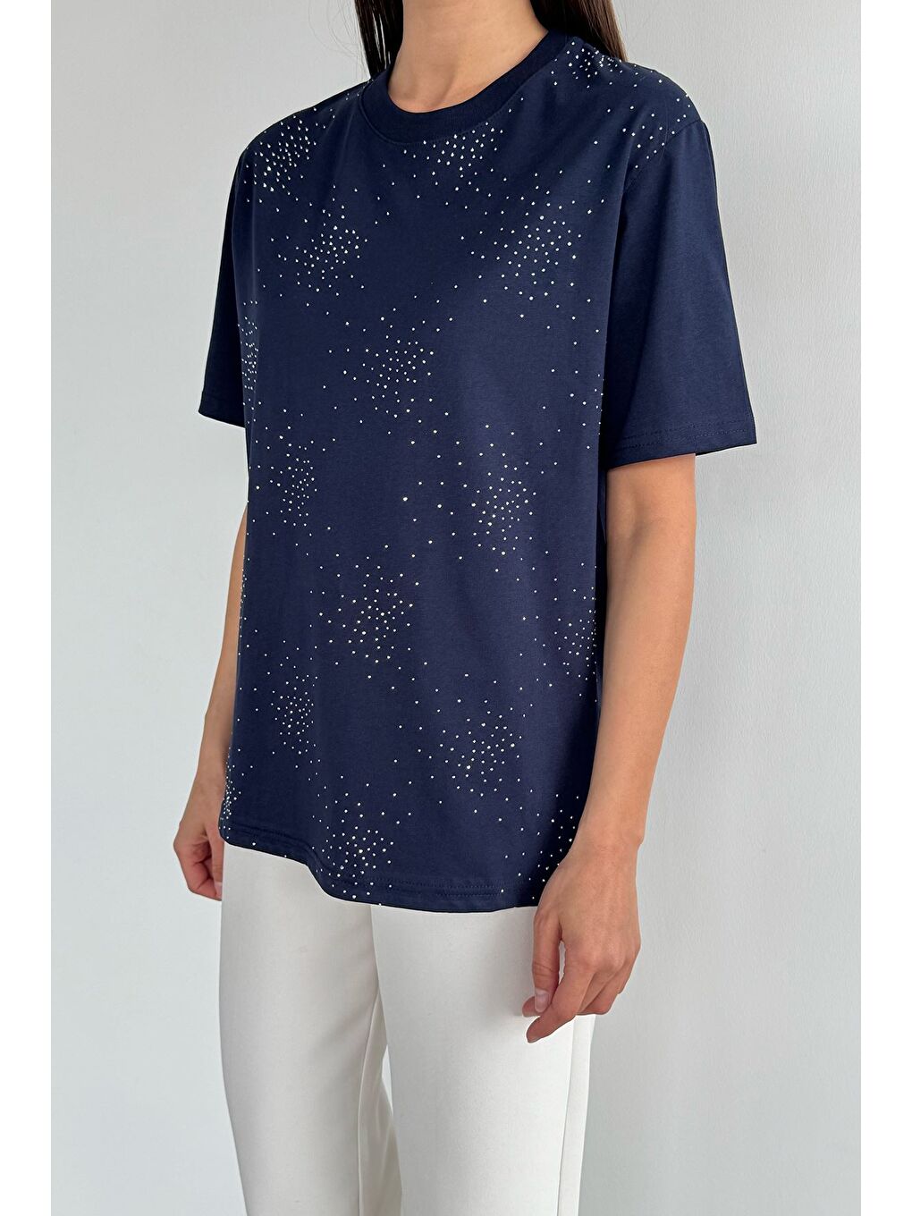 Lacivert Kadın Bisiklet Yaka Taş İşlemeli Tişört-2