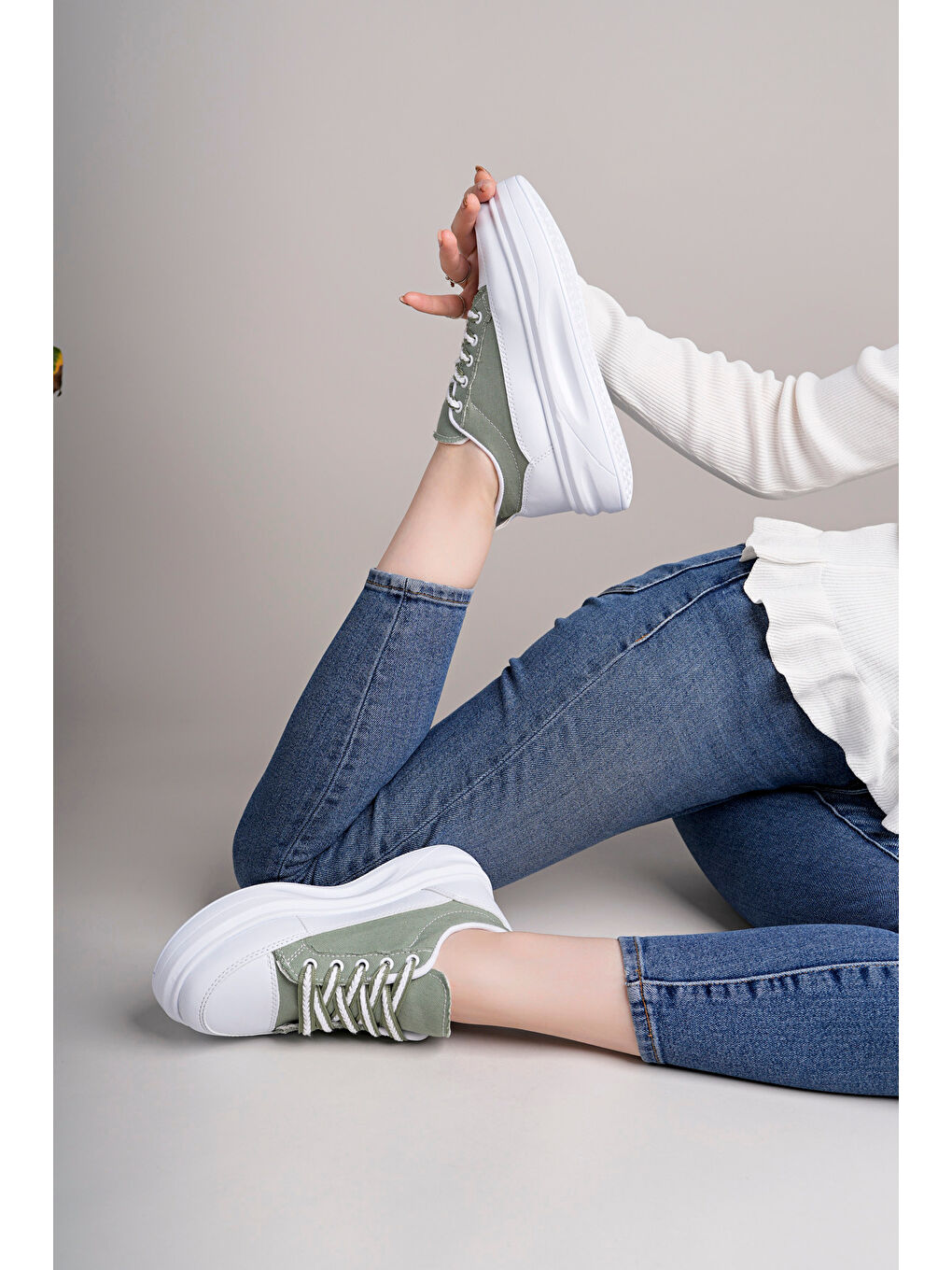 Yeşil Kadın Yüksek Taban Dama Desenli Günlük Ayakkabı-1