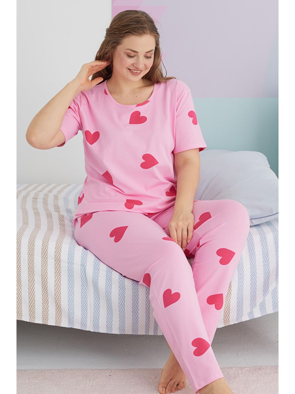 SİYAH İNCİ Pembe Curve Büyük Beden Battal Boy Pamuklu Örme Pijama Takımı - 1